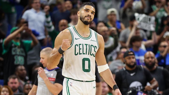 Apr 27, 2025; Orlando, Florida, USA; Boston Celtics forward Jayson Tatum (0) reacts after beating the Orlando Magic in game four of first round for the 2025 NBA Playoffs at Kia Center. Mandatory Credit: Nathan Ray Seebeck-Imagn Images Apr 27, 2025; Orlando, Florida, USA; Boston Celtics forward Jayson Tatum (0) reacts after beating the Orlando Magic in game four of first round for the 2025 NBA Playoffs at Kia Center. Mandatory Credit: Nathan Ray Seebeck-Imagn Images