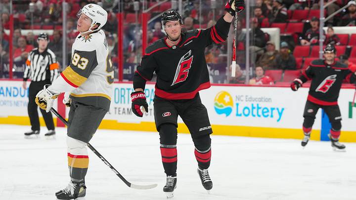 Oct 28, 2025; Raleigh, North Carolina, USA;  Carolina Hurricanes right wing Andrei Svechnikov (37) celebrates scoring a goal against the Vegas Golden Knights during the first period at Lenovo Center. Mandatory Credit: James Guillory-Imagn Images