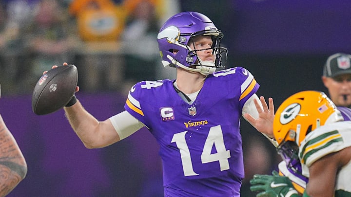 Minnesota Vikings quarterback Sam Darnold passes against Green Bay Packers in the second quarter at U.S. Bank Stadium in Minneapolis on Dec. 29, 2024.