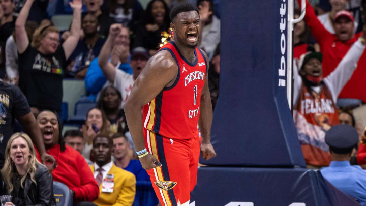 Nov 20, 2023; New Orleans, Louisiana, USA; New Orleans Pelicans forward Zion Williamson (1) reacts to dunking the ball against the Sacramento Kings during the second half at the Smoothie King Center. Nov 20, 2023; New Orleans, Louisiana, USA; New Orleans Pelicans forward Zion Williamson (1) reacts to dunking the ball against the Sacramento Kings during the second half at the Smoothie King Center.