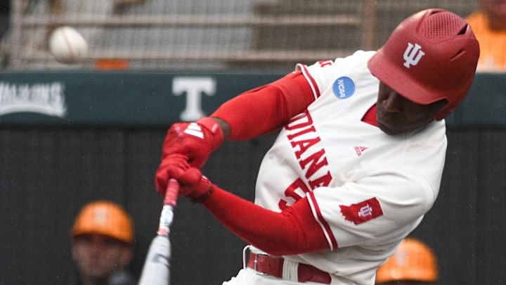 Indiana's Devin Taylor (5) hits a home run during a NCAA Baseball Tournament Knoxville Regional game at Lindsey Nelson Stadium on Saturday, June 1, 2024 in Knoxville, Tenn.
