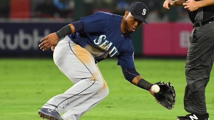 Seattle Mariners shortstop Jean Segura fields a ground ball against the Los Angeles Angels on Sept. 14, 2018, at Angel Stadium.