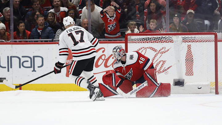 Jan 3, 2026; Washington, District of Columbia, USA; Chicago Blackhawks left wing Nick Foligno (17) scores the game winning goal on Washington Capitals goaltender Logan Thompson (48) in a shootout at Capital One Arena. Mandatory Credit: Geoff Burke-Imagn Images