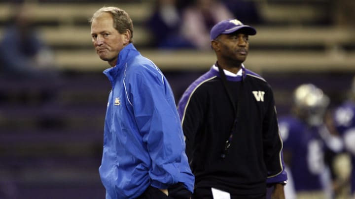 Former UW coach Rick Neuheisel, left, is shown after meeting with then Husky coach Tyrone Willingham in 2008. Former UW coach Rick Neuheisel, left, is shown after meeting with then Husky coach Tyrone Willingham in 2008.