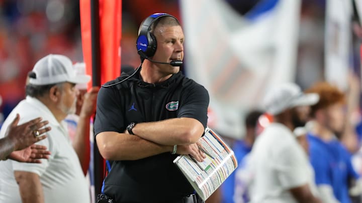 Sep 20, 2025; Miami Gardens, Florida, USA; Florida Gators head coach Billy Napier watches from the sideline against the Miami Hurricanes during the third quarter at Hard Rock Stadium. Mandatory Credit: Sam Navarro-Imagn Images