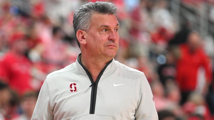 Mar 7, 2026; Raleigh, North Carolina, USA;  Stanford Cardinal head coach Kyle Smith looks on during the second half against the NC State Wolfpack at Lenovo Center. Mandatory Credit: Zachary Taft-Imagn Images