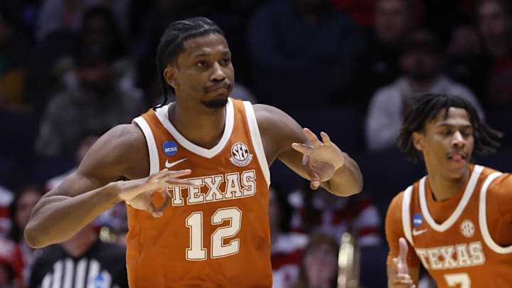 Texas Longhorns guard Tramon Mark celebrates in the first half against the NC State Wolfpack during a first four game of the men's 2026 NCAA Tournament at University of Dayton Arena. 