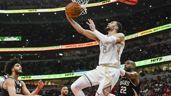 Dec 28, 2024; Chicago, Illinois, USA; Chicago Bulls guard Zach LaVine (8) shoots against the Milwaukee Bucks during the first half at the United Center. Mandatory Credit: Matt Marton-Imagn Images Dec 28, 2024; Chicago, Illinois, USA; Chicago Bulls guard Zach LaVine (8) shoots against the Milwaukee Bucks during the first half at the United Center. Mandatory Credit: Matt Marton-Imagn Images