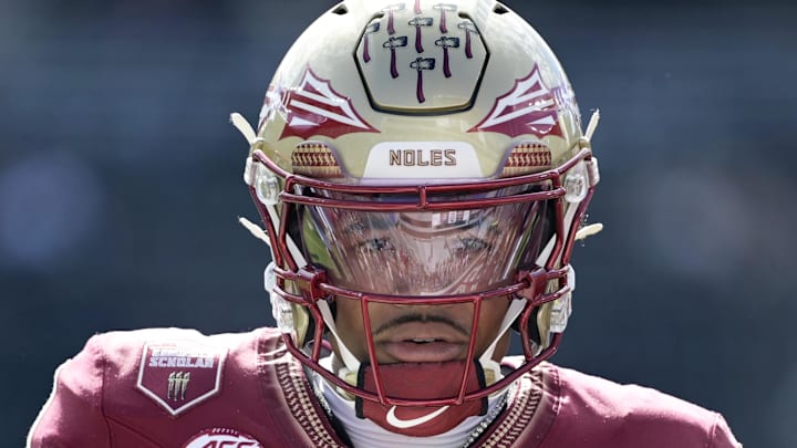 Oct 11, 2025; Tallahassee, Florida, USA; Florida State Seminoles quarterback Thomas Castellanos (1) before the game against the Pittsburgh Panthers at Doak S. Campbell Stadium. Mandatory Credit: Melina Myers-Imagn Images