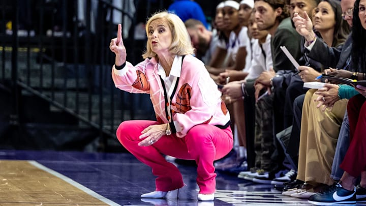 Nov 8, 2024; Baton Rouge, Louisiana, USA;  LSU Lady Tigers head coach Kim Mulkey looks on against the Northwestern State Lady Demons during the first half at Pete Maravich Assembly Center. Mandatory Credit: Stephen Lew-Imagn Images