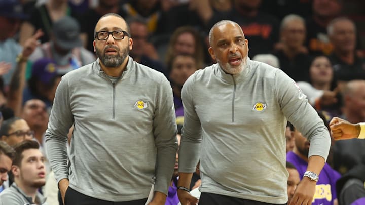 Apr 5, 2022; Phoenix, Arizona, USA; Los Angeles Lakers assistant coach David Fizdale (left) and Phil Handy against the Phoenix Suns at Footprint Center. Mandatory Credit: Mark J. Rebilas-Imagn Images Apr 5, 2022; Phoenix, Arizona, USA; Los Angeles Lakers assistant coach David Fizdale (left) and Phil Handy against the Phoenix Suns at Footprint Center. Mandatory Credit: Mark J. Rebilas-Imagn Images