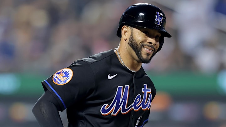 Jun 30, 2023; New York City, New York, USA; New York Mets left fielder Tommy Pham (28) reacts as he rounds the bases after hitting a solo home run against the San Francisco Giants during the sixth inning at Citi Field. Mandatory Credit: Brad Penner-Imagn Images