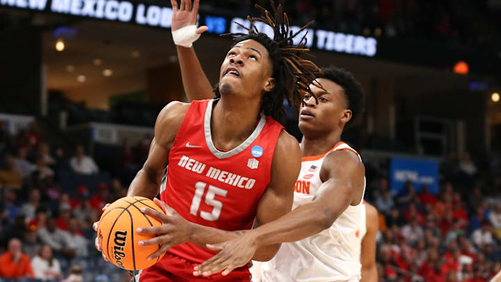 Mar 22, 2024; Memphis, TN, USA;  New Mexico Lobos forward JT Toppin (15) shoots against the Clemson Tigers during the first half of the NCAA Tournament First Round at FedExForum. Mandatory Credit: Petre Thomas-USA TODAY Sports