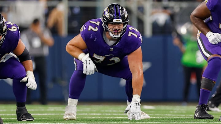 Sep 22, 2024; Arlington, Texas, USA; Baltimore Ravens guard Andrew Vorhees (72) lines up during the third quarter against the Dallas Cowboys at AT&T Stadium. Mandatory Credit: Andrew Dieb-Imagn Images