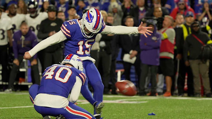 Bills Matt Prater kicks the ball for the field goal, winning the Bills game over the Baltimore Ravens at Highmark Stadium in Orchard Park on Sept. 7, 2025.