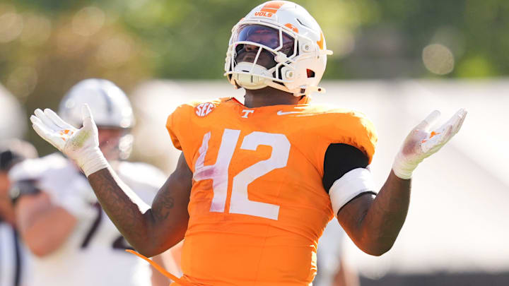 Tennessee defensive lineman Tyre West (42) during a college football game between Tennessee and Mississippi State at Davis Wade Stadium in Starkville, Miss., on Sept. 27, 2025. Tennessee defensive lineman Tyre West (42) during a college football game between Tennessee and Mississippi State at Davis Wade Stadium in Starkville, Miss., on Sept. 27, 2025.