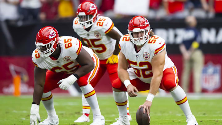 Sep 11, 2022; Glendale, Arizona, USA; Kansas City Chiefs guard Trey Smith (65) and center Creed Humphrey (52) against the Arizona Cardinals at State Farm Stadium. Mandatory Credit: Mark J. Rebilas-Imagn Images