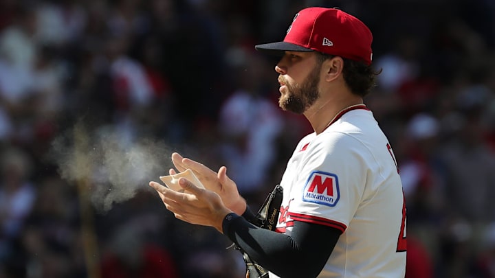 Cleveland Guardians starting pitcher Slade Cecconi (44) dries his hands off in between pitches during the first inning of Game 3 of the American League Wild Card Series at Progressive Field, Oct. 2, 2025, in Cleveland, Ohio. Cleveland Guardians starting pitcher Slade Cecconi (44) dries his hands off in between pitches during the first inning of Game 3 of the American League Wild Card Series at Progressive Field, Oct. 2, 2025, in Cleveland, Ohio.