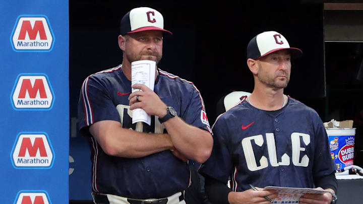 Cleveland Guardians manager Stephen Vogt, left, watches his team during the sixth inning of an MLB game at Progressive Field, Tuesday, June 18, 2024, in Cleveland, Ohio. Cleveland Guardians manager Stephen Vogt, left, watches his team during the sixth inning of an MLB game at Progressive Field, Tuesday, June 18, 2024, in Cleveland, Ohio.