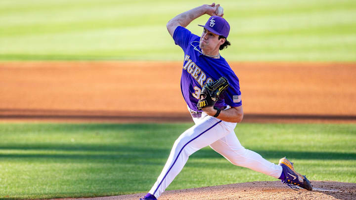 Tigers starting pitcher Luke Holman 38 on the mound as the LSU Tigers take on the Vanderbilt