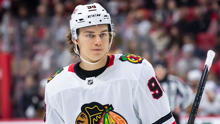 Apr 15, 2025; Ottawa, Ontario, CAN; Chicago Blackhawks center Connor Bedard (98) skates in the second  period against the Ottawa Senators at the Canadian Tire Centre. Mandatory Credit: Marc DesRosiers-Imagn Images