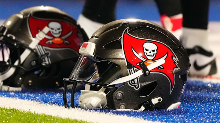 A general view of Tampa Bay Buccaneers helmets prior to the game against the Buffalo Bills.