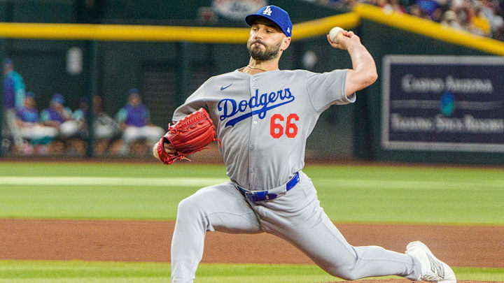 Sep 25, 2025; Phoenix, Arizona, USA; Los Angeles Dodgers pitcher Tanner Scott (66) on the mound to pitch in the seventh at Chase Field. Mandatory Credit: Allan Henry-Imagn Images