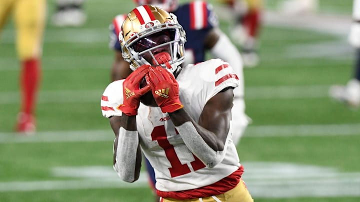 Oct 25, 2020; Foxborough, Massachusetts, USA; San Francisco 49ers wide receiver Brandon Aiyuk (11)