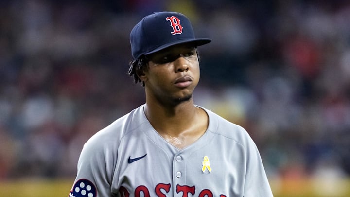 Sep 7, 2025; Phoenix, Arizona, USA; Boston Red Sox pitcher Brayan Bello against the Arizona Diamondbacks at Chase Field. Mandatory Credit: Mark J. Rebilas-Imagn Images