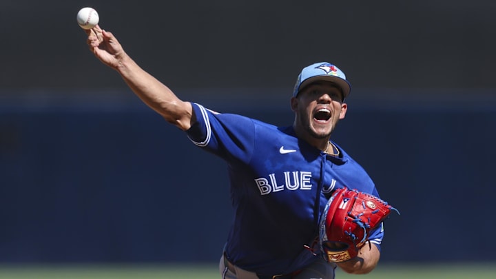 Feb 28, 2026; Tampa, Florida, USA; Toronto Blue Jays starting pitcher Jose Berrios (17) throws a pitch against the New York Yankees in the second inning during spring training at George M. Steinbrenner Field. Mandatory Credit: Nathan Ray Seebeck-Imagn Images