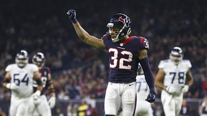 Nov 26, 2018; Houston, TX, USA; Houston Texans free safety Tyrann Mathieu (32) celebrates after a play during the first quarter against the Tennessee Titans at NRG Stadium. Mandatory Credit: Troy Taormina-Imagn Images