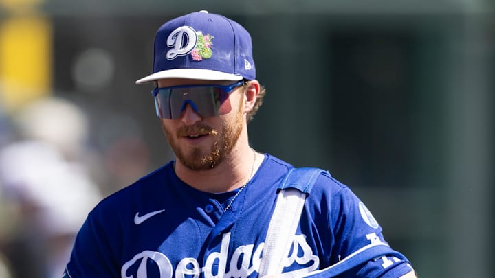 Mar 14, 2026; Phoenix, Arizona, USA; Los Angeles Dodgers outfielder James Tibbs III against the Chicago White Sox during a spring training game at Camelback Ranch-Glendale. Mandatory Credit: Mark J. Rebilas-Imagn Images