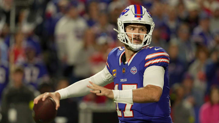Buffalo Bills quarterback Josh Allen gets ready to throw a pass during first half action against the Baltimore Ravens at Highmark Stadium in Orchard Park on Sept. 7, 2025. Buffalo Bills quarterback Josh Allen gets ready to throw a pass during first half action against the Baltimore Ravens at Highmark Stadium in Orchard Park on Sept. 7, 2025.