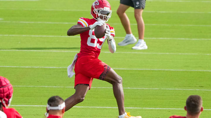 Jul 22, 2025; St. Joseph, MO, USA; Kansas City Chiefs wide receiver Jason Brownlee (89) catches a pass during training camp at Missouri Western State University. Mandatory Credit: Denny Medley-Imagn Images