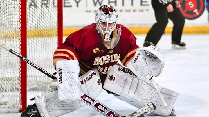 Louka Cloutier prepares to make a save at Tsongas Center on Dec. 5, 2025. Louka Cloutier prepares to make a save at Tsongas Center on Dec. 5, 2025.