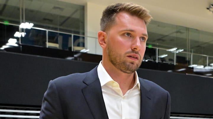 Aug 2, 2025; El Segundo, CA, USA; Los Angeles Lakers guard Luka Doncic (77)  following a press conference announcing the signing of a 3-year, $165 million contract extension at UCLA Health Training Center. Mandatory Credit: Jayne Kamin-Oncea-Imagn Images