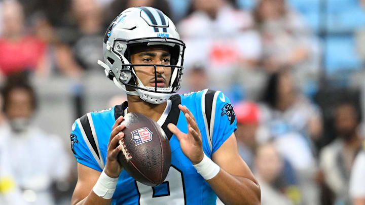 Carolina Panthers quarterback Bryce Young (9) looks to pass in the first quarter at Bank of America Stadium. 