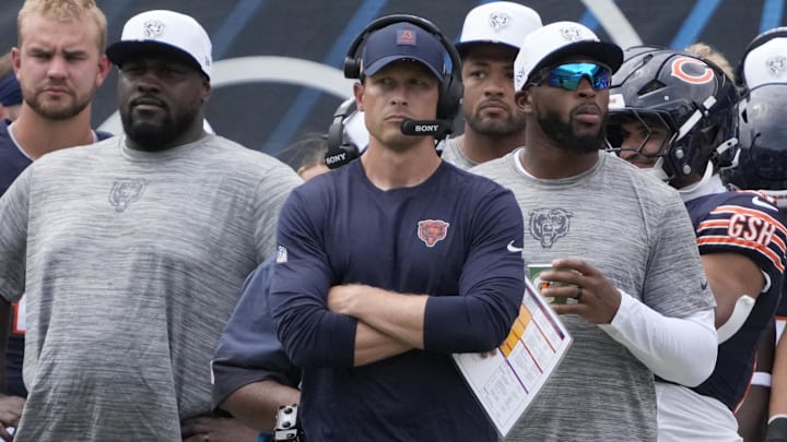 Aug 10, 2025; Chicago, Illinois, USA; Chicago Bears head coach Ben Johnson on the sidelines against the Miami Dolphins during the first half at Soldier Field. Mandatory Credit: David Banks-Imagn Images