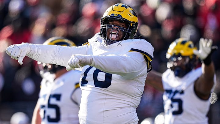 Michigan defensive lineman Kenneth Grant (78) celebrates after Ohio State misses a field goal during the second half at Ohio Stadium in Columbus, Ohio on Saturday, Nov. 30, 2024.