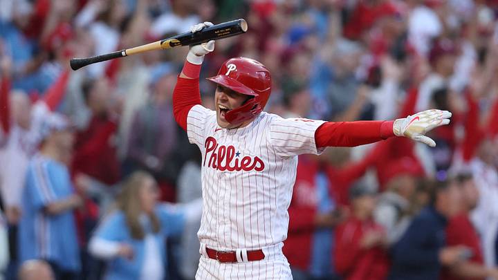 Oct 14, 2022; Philadelphia, Pennsylvania, USA; Philadelphia Phillies first baseman Rhys Hoskins celebrates after hitting a three-run home run against the Atlanta Braves during the 3rd inning in game three of the NLDS for the 2022 MLB Playoffs at Citizens Bank Park. Mandatory Credit: Bill Streicher-USA TODAY Sports Oct 14, 2022; Philadelphia, Pennsylvania, USA; Philadelphia Phillies first baseman Rhys Hoskins celebrates after hitting a three-run home run against the Atlanta Braves during the 3rd inning in game three of the NLDS for the 2022 MLB Playoffs at Citizens Bank Park. Mandatory Credit: Bill Streicher-USA TODAY Sports