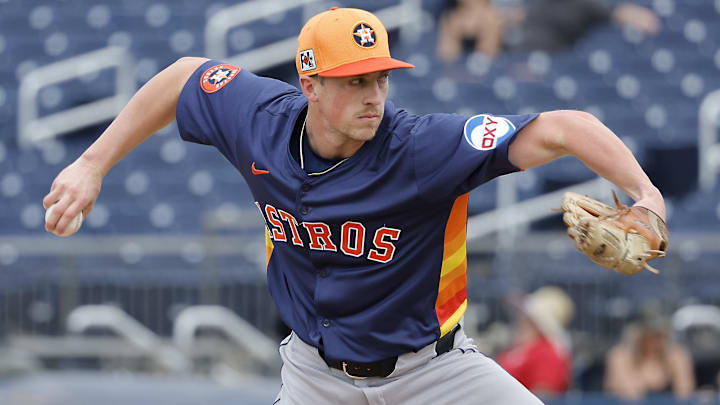 Houston Astros pitcher Logan VanWey throws a pitch against the Washington Nationals at CACTI Park of the Palm Beaches. Houston Astros pitcher Logan VanWey throws a pitch against the Washington Nationals at CACTI Park of the Palm Beaches.