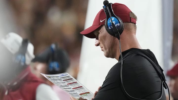 Oct 18, 2025; Tuscaloosa, Alabama, USA; Alabama head coach Kalen DeBoer studies his play sheet during the second quarter against the Tennessee Volunteers at Saban Field at Bryant-Denny Stadium. Mandatory Credit: Gary Cosby-USA TODAY Network via Imagn Images Oct 18, 2025; Tuscaloosa, Alabama, USA; Alabama head coach Kalen DeBoer studies his play sheet during the second quarter against the Tennessee Volunteers at Saban Field at Bryant-Denny Stadium. Mandatory Credit: Gary Cosby-USA TODAY Network via Imagn Images
