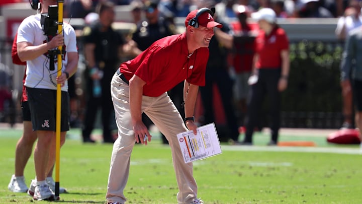 Apr 11, 2026; Tuscaloosa, AL, USA; Alabama Crimson Tide head coach Kalen DeBoer calls a play during the Alabama A-Day spring football scrimmage game at Saban Field at Bryant-Denny Stadium. Mandatory Credit: David Leong-Imagn Images
