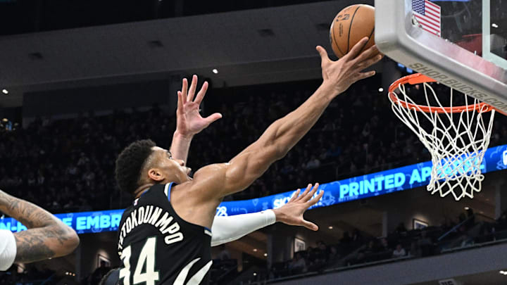 Jan 27, 2024; Milwaukee, Wisconsin, USA; Milwaukee Bucks forward Giannis Antetokounmpo (34) drives to the rim. 