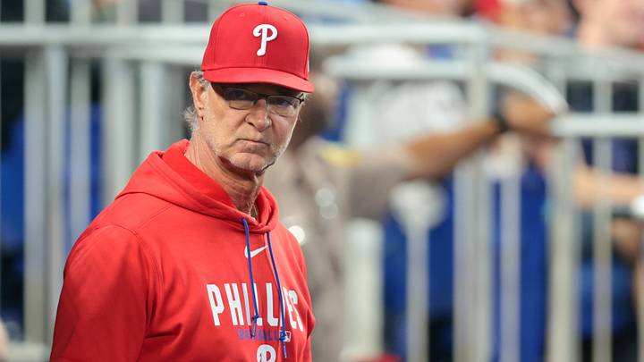 Jul 29, 2026; Miami, Florida, USA; Philadelphia Phillies interim manager Don Mattingly (8) looks on from inside the dugout against the Miami Marlins during the seventh inning at loanDepot Park. Mandatory Credit: Sam Navarro-Imagn Images