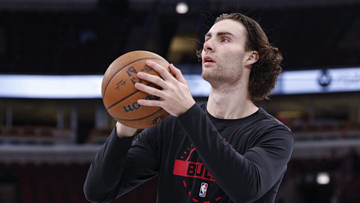 Nov 21, 2025; Chicago, Illinois, USA; Chicago Bulls guard Josh Giddey (3) warms up before an NBA game against the Miami Heat at United Center. Mandatory Credit: Kamil Krzaczynski-Imagn Images