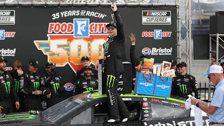 Apr 12, 2026; Bristol, Tennessee, USA; Joe Gibbs Racing driver Ty Gibbs (54) celebrates the win in victory lane at Bristol Motor Speedway.