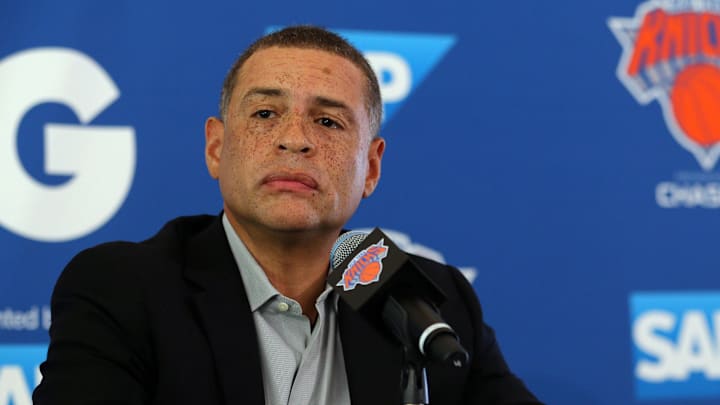 Sep 25, 2017; Greenburgh, NY, USA; New York Knicks general manager Scott Perry speaks to the media on media day at MSG Training Center. Sep 25, 2017; Greenburgh, NY, USA; New York Knicks general manager Scott Perry speaks to the media on media day at MSG Training Center.