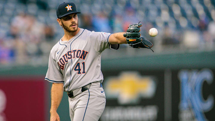 Apr 10, 2024; Kansas City, Missouri, USA; Houston Astros pitcher Spencer Arrighetti (41) Apr 10, 2024; Kansas City, Missouri, USA; Houston Astros pitcher Spencer Arrighetti (41)