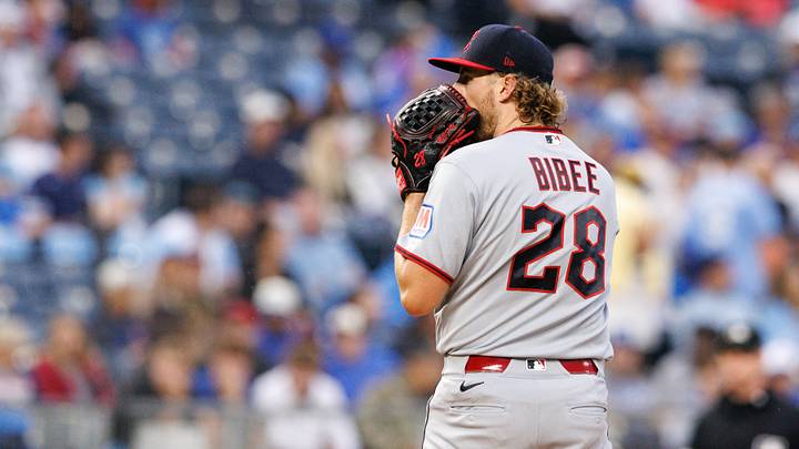 Sep 25, 2026; Kansas City, Missouri, USA;  Cleveland Guardians pitcher Tanner Bibee (28) on the mound during the first inning against the Kansas City Royals at Kauffman Stadium.  Mandatory Credit: William Purnell-Imagn Images